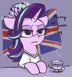 Size: 1875x2000 | Tagged: safe, artist:t72b, starlight glimmer, pony, unicorn, g4, 4th of july, british, clothes, cup, dress, female, floppy ears, frown, historical roleplay starlight, holiday, jewelry, mare, necklace, pearl necklace, queen elizabeth ii, sitting, solo, starlight glimmer is not amused, teacup, tiara, unamused, union jack, united kingdom