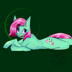 Size: 1280x1280 | Tagged: safe, artist:technicolourtorture, minty, earth pony, pony, g3, green background, green skin, pink hair, purple eyes, simple background