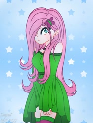 Size: 768x1024 | Tagged: safe, artist:bloodyneckdemon, fluttershy, human, g4, breasts, busty fluttershy, cleavage, clothes, dress, female, hair over one eye, humanized, jewelry, necklace, solo, stars, stockings, thigh highs
