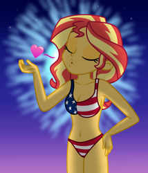 Size: 1024x1194 | Tagged: safe, artist:emeraldblast63, sunset shimmer, human, equestria girls, g4, 4th of july, american flag, american flag bikini, amerisunset, bare shoulders, belly button, bikini, blowing a kiss, breasts, busty sunset shimmer, clothes, eyes closed, female, fireworks, holiday, kissing, legs together, sleeveless, solo, swimsuit
