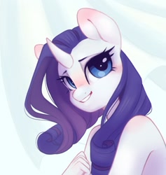 Size: 1002x1055 | Tagged: safe, artist:melodylibris, rarity, unicorn, anthro, g4, bare shoulder portrait, bare shoulders, blushing, bust, ear blush, female, grin, implied nudity, looking at you, mare, portrait, smiling, smiling at you, solo