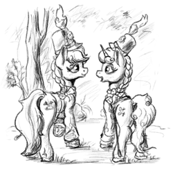 Size: 1000x1000 | Tagged: safe, artist:clarkeotterton, oc, oc only, earth pony, pony, unicorn, fallout equestria, fanfic:dawn's candor, butt, dock, plot, tail, traditional art