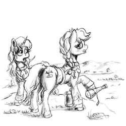 Size: 1000x1000 | Tagged: safe, artist:clarkeotterton, oc, oc only, earth pony, pony, unicorn, fallout equestria, fanfic:dawn's candor, butt, plot, traditional art