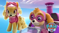 Size: 1280x720 | Tagged: safe, artist:mandapanda toy collector, editor:thegamerpainter, dog, dog pony, original species, 3d, barely pony related, cockapoo, customized toy, helicopter, irl, logo, paw patrol, photo, ponified, puppy, rule 85, simple background, sky, skye (paw patrol), solo, toy, youtube, youtube link in the description