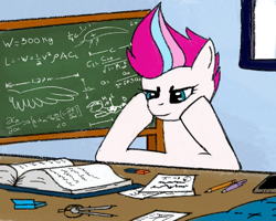 Size: 2000x1600 | Tagged: safe, artist:harleneap, zipp storm, pegasus, pony, g5, book, chalkboard, female, mare, paper, pen, pencil, phone, solo, studying