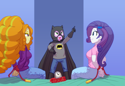 Size: 3475x2400 | Tagged: safe, artist:carnifex, adagio dazzle, rarity, spike, human, equestria girls, g4, arm behind back, babysitting, batman, bondage, bound wrists, clothes, costume, dc comics, female, high res, human spike, jump rope, male, smiling, tied up, trio, unsexy bondage