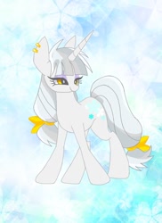 Size: 654x900 | Tagged: safe, artist:stacy_165cut, oc, oc:snow blossom, pony, unicorn, abstract background, ear piercing, earring, female, horn, jewelry, mare, piercing, smiling, solo, unicorn oc