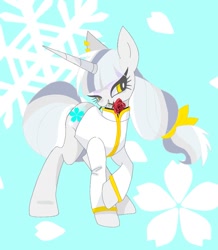 Size: 827x950 | Tagged: safe, artist:stacy_165cut, oc, oc only, oc:snow blossom, pony, unicorn, cherry blossoms, clothes, ear piercing, earring, female, flower, flower blossom, horn, jewelry, mare, mouth hold, piercing, raised hoof, rose, simple background, snow, snowflake, solo, unicorn oc, white background