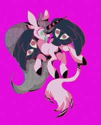 Size: 960x1180 | Tagged: safe, artist:stacy_165cut, oc, oc only, alicorn, pony, alicorn oc, eyes do not belong there, female, horn, leonine tail, mare, open mouth, partially open wings, pink background, simple background, solo, tail, tongue out, wings