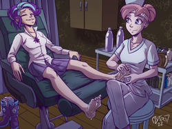 Size: 2400x1800 | Tagged: source needed, safe, artist:mister d, nurse redheart, starlight glimmer, human, fanfic:redheart's massage therapy, equestria girls, g4, alternate hairstyle, barefoot, boots, clothes, duo, duo female, feet, female, foot focus, foot massage, humanized, massage, massage table, oiled, scrubs (gear), shoes, socks, spa
