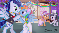Size: 1280x720 | Tagged: safe, artist:mlplary6, rainbow dash, rumble, scootaloo, soarin', pegasus, pony, g4, blushing, bride, clothes, colt, dancing, dress, female, filly, floral head wreath, flower, flower filly, flower girl, flower girl dress, foal, groom, husband and wife, looking at each other, looking at someone, male, mare, marriage, married couple, ponyville town hall, ship:rumbloo, ship:soarindash, shipping, smiling, smiling at each other, stallion, straight, teenager, wedding, wedding dress
