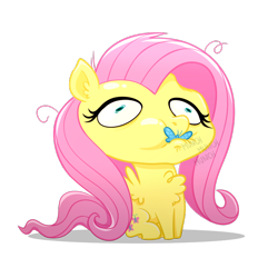 Size: 700x700 | Tagged: safe, artist:wispy tuft, fluttershy, butterfly, pegasus, pony, g4, chest fluff, cross-eyed, eating, head empty, headphone dent, horses doing horse things, messy mane, simple background, solo, transparent background