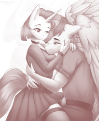 Size: 1052x1280 | Tagged: safe, artist:blueomlette, oc, oc only, pegasus, unicorn, anthro, bedroom eyes, clothes, comic, cuddling, digital art, duo, female, horn, looking at each other, looking at someone, male, monochrome, oc x oc, one eye closed, pants, romantic, shipping, shirt, side view, skirt, stockings, straight, tail, thigh highs, wings, zoom layer