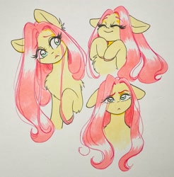 Size: 2014x2048 | Tagged: safe, artist:cherubisous, fluttershy, pegasus, pony, :<, bust, chest fluff, confused, cute, ear fluff, female, floppy ears, looking at you, mare, shyabetes, smiling, solo, traditional art