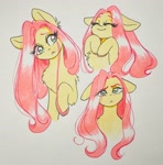 Size: 2014x2048 | Tagged: safe, artist:cherubisous, fluttershy, pegasus, pony, :<, bust, chest fluff, confused, cute, ear fluff, female, floppy ears, looking at you, mare, shyabetes, smiling, solo, traditional art