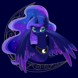 Size: 4000x4000 | Tagged: safe, artist:homeofphoenix, artist:wutongtree, princess luna, alicorn, pony, g4, blue background, ethereal hair, ethereal mane, eyeshadow, female, illustration, lidded eyes, looking at you, makeup, mare, peytral, simple background, solo, starry hair, starry mane