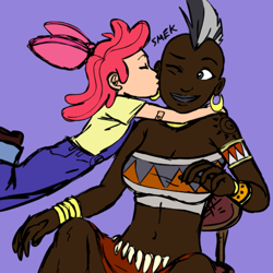 Size: 945x945 | Tagged: safe, artist:megasweet, color edit, edit, apple bloom, zecora, human, g4, african, breasts, busty zecora, cheek kiss, colored, dark skin, female, humanized, kissing, mohawk, simple background, white background