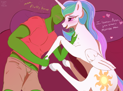 Size: 2505x1843 | Tagged: safe, artist:enonnnymous, princess celestia, oc, oc:anon, alicorn, human, pony, series:anon loves celestia, /sun/, blushing, chest fluff, clothes, dialogue, drunk, female, heart, heart eyes, holding hooves, human on pony snuggling, i love you, looking at each other, looking at someone, lying down, mare, on side, open mouth, open smile, shirt, shorts, smiling, snuggling, wingding eyes