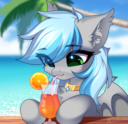 Size: 2342x2272 | Tagged: safe, artist:airiniblock, oc, oc only, oc:bow-black, bat pony, pony, unicorn, alcohol, beach, cocktail, commission, drink, drinking straw, ear fluff, food, icon, ocean, orange, palm tree, solo, tree, water, ych result