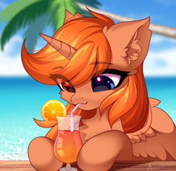 Size: 2342x2272 | Tagged: safe, artist:airiniblock, oc, oc only, alicorn, pony, unicorn, alcohol, alicorn oc, cocktail, drink, ear fluff, female, food, horn, icon, ocean, orange, solo, water, wings