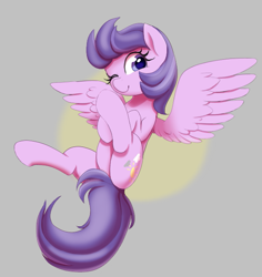 Size: 589x623 | Tagged: safe, artist:thebatfang, clear skies, pegasus, pony, g4, aggie.io, cute, female, flying, looking at you, mare, one eye closed, simple background, smiling, solo, spread wings, wings, wink, winking at you