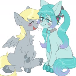 Size: 1800x1800 | Tagged: safe, artist:exxi00, derpy hooves, earth pony, pegasus, pony, g4, anime, crossover, crossover shipping, derpymiku, duo, female, hatsune miku, headphones, lesbian, necktie, ponified, shipping, simple background, unshorn fetlocks, vocaloid, white background