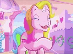Size: 800x598 | Tagged: safe, screencap, rarity (g3), pony, unicorn, g3, the runaway rainbow, animated, cotton candy cafe, cute, cutie mark, eyes closed, female, g3 raribetes, gif, gumball machine, indoors, licking, mare, multicolored hair, multicolored mane, multicolored tail, rainbow celebration, solo, tail, tongue out