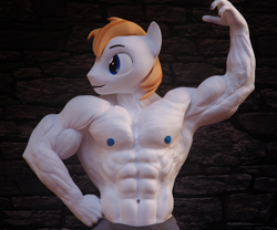 Size: 2048x1707 | Tagged: safe, artist:dashie116, oc, oc only, oc:atom quanto, earth pony, anthro, 3d, abs, anthro oc, armpits, biceps, bodybuilder, clothes, daz studio, deltoids, earth pony oc, flexing, looking sideways, male, male nipples, muscles, muscular male, nipples, nudity, pecs, solo, technicolor nipples, teenager, triceps