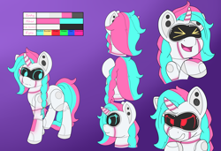 Size: 6640x4544 | Tagged: safe, artist:gnashie, oc, oc only, oc:cyber rose, pony, robot, robot pony, unicorn, angry, horn, laughing, lights, microphone, open mouth, reference sheet, screen, simple background, unicorn oc