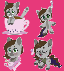 Size: 1778x1969 | Tagged: safe, artist:t0r4ch4n, oc, oc only, oc:cj vampire, earth pony, pony, arrow, blushing, bust, chibi, commission, cup, ears up, fanart, heart, keychain, looking at you, looking up, looking up at you, portrait, simple background, smiling, solo, teacup, ych result