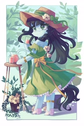 Size: 2731x4096 | Tagged: safe, artist:saxopi, oc, oc only, earth pony, semi-anthro, anklet, arm hooves, bow, clothes, cottagecore, cute, dress, drink, earth pony oc, female, hat, jewelry, jug, ocbetes, potted plant, shoes, solo, strapless, sun hat