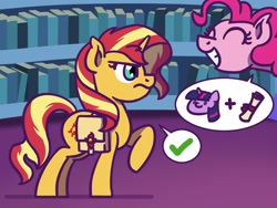 Size: 1800x1350 | Tagged: safe, artist:flutterluv, part of a set, pinkie pie, sunset shimmer, twilight sparkle, earth pony, pony, unicorn, g4, atg 2022, dialogue, duo, newbie artist training grounds, part of a series, speech bubble