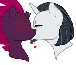 Size: 970x823 | Tagged: safe, artist:decokenite, artist:zoruathewolf1, chancellor neighsay, fizzlepop berrytwist, tempest shadow, pony, unicorn, g4, base used, blushing, broken horn, cheek kiss, duo, female, head only, heart, horn, kiss on the lips, kissing, male, mare, no eyes, shipping, simple background, stallion, straight, tempest neighsay, white background