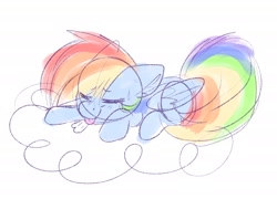 Size: 2278x1639 | Tagged: safe, artist:lbrcloud, rainbow dash, pegasus, pony, g4, cloud, eyes closed, lying down, on a cloud, prone, simple background, solo, tongue out, white background