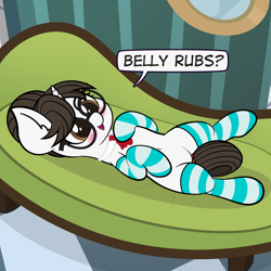 Size: 4726x4725 | Tagged: safe, alternate version, artist:veeayydee, raven, pony, unicorn, g4, absurd resolution, belly button, bellyrub request, bellyrubs, blushing, clothes, commission, couch, cute, cuteness overload, dialogue, ear fluff, female, glasses, hair bun, horn, looking at you, looking back, looking back at you, lying down, mare, necktie, on back, open mouth, open smile, ravenbetes, secretary, smiling, socks, solo, striped socks, ych result