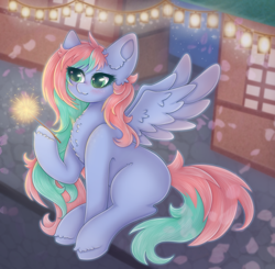 Size: 2040x2000 | Tagged: safe, artist:saltyvity, oc, oc only, pegasus, pony, g4, blue body, cherry blossoms, city, commission, cute, fireworks, flower, flower blossom, fluffy, green eyes, high res, light, long hair, long mane, long tail, night, solo, sparkler (firework), string lights, tail, window