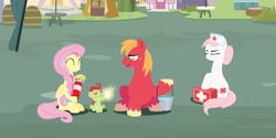 Size: 2880x1440 | Tagged: safe, anonymous artist, big macintosh, fluttershy, nurse redheart, oc, oc:late riser, earth pony, pegasus, pony, series:fm holidays, g4, 4th of july, alternate hairstyle, baby, baby pony, braid, bucket, colt, eyes closed, family, female, fire extinguisher, fireworks, first aid kit, foal, grin, holiday, hoof hold, male, mare, mouth hold, nervous, nervous smile, offspring, parent:big macintosh, parent:fluttershy, parents:fluttermac, ship:fluttermac, shipping, sitting, smiling, sparkler (firework), stallion, straight, sweat, sweatdrop, unamused