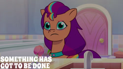 Size: 1280x720 | Tagged: safe, edit, edited screencap, editor:quoterific, screencap, sunny starscout, earth pony, pony, g5, my little pony: tell your tale, nightmare roommate, spoiler:g5, spoiler:my little pony: tell your tale, spoiler:tyts01e04, female, mane stripe sunny, mare, solo, text