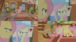 Size: 1280x720 | Tagged: safe, edit, edited screencap, editor:quoterific, screencap, fluttershy, ferret, mouse, pegasus, pony, rabbit, skunk, squirrel, g4, putting your hoof down, season 2, animal, eyes closed, female, fluttershy's cottage, grin, mare, mirror, open mouth, scared, smiling, spread wings, text, wings