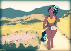 Size: 1600x1156 | Tagged: safe, artist:halcy0n, artist:haley bird, oc, oc only, oc:sapphire star, anthro, unguligrade anthro, breasts, casual, female, midriff, mountain, muscles, scenery, solo