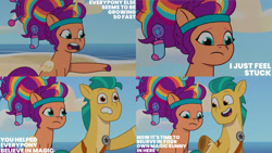 Size: 1280x720 | Tagged: safe, edit, edited screencap, editor:quoterific, screencap, hitch trailblazer, sunny starscout, alicorn, earth pony, pony, alicorn issues, g5, my little pony: tell your tale, spoiler:g5, spoiler:my little pony: tell your tale, spoiler:tyts01e14, beach, duo, female, male, mane stripe sunny, mare, open mouth, open smile, race swap, smiling, stallion, sunnycorn, text