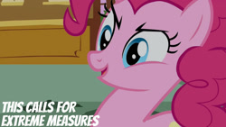 Size: 1280x720 | Tagged: safe, edit, edited screencap, editor:quoterific, screencap, pinkie pie, earth pony, pony, g4, griffon the brush off, season 1, female, mare, open mouth, open smile, smiling, solo, sugarcube corner, text