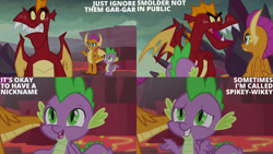 Size: 1280x720 | Tagged: safe, edit, edited screencap, editor:quoterific, screencap, garble, smolder, spike, dragon, g4, season 9, sweet and smoky, dragoness, female, male, open mouth, open smile, smiling, text, trio, winged spike, wings