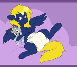 Size: 2048x1770 | Tagged: safe, artist:cuddlehooves, oc, oc:naveen numbers, dog, pegasus, pony, semi-anthro, australian cattle dog, bluey, diaper, diaper fetish, fetish, holding, muffin heeler, non-baby in diaper, poofy diaper, simple background, solo