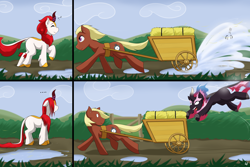 Size: 4500x3000 | Tagged: safe, artist:cainesart, oc, oc only, oc:petal pyre, earth pony, kirin, nirik, pony, ..., angry, comic, earth pony oc, female, floppy ears, hay bale, kirin oc, leaping, male, puddle, revenge, soaked, splash, transformation, turnaround, wagon