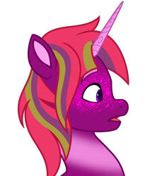 Size: 3000x3386 | Tagged: safe, artist:dancingkinfiend, derpibooru exclusive, oc, oc only, unnamed oc, pony, unicorn, g5, big eyes, bust, coat markings, colored eyebrows, colored horn, female, gasp, high res, horn, male to female, mare, multicolored hair, multicolored mane, open mouth, portrait, purple eyes, purple fur, red mane, side view, solo, sparkles, surprised, trans female, transgender, transgender oc, unicorn oc
