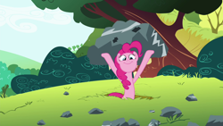 Size: 1280x720 | Tagged: safe, screencap, pinkie pie, maud pie (episode), grin, lifting, rock, smiling, solo