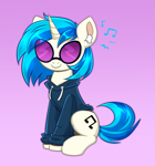 Size: 2204x2368 | Tagged: safe, artist:confetticakez, dj pon-3, vinyl scratch, pony, unicorn, airpods, clothes, cute, female, gradient background, happy, hoodie, looking at you, mare, music notes, purple background, simple background, sitting, smiling, solo, sunglasses, vinyl's glasses, vinylbetes