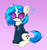 Size: 2204x2368 | Tagged: safe, artist:confetticakez, dj pon-3, vinyl scratch, pony, unicorn, g4, airpods, clothes, cute, female, gradient background, happy, high res, hoodie, looking at you, mare, music notes, purple background, simple background, sitting, smiling, solo, sunglasses, vinyl's glasses, vinylbetes