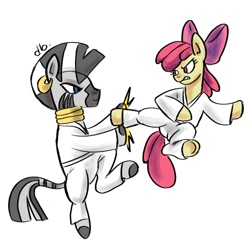 Size: 1000x1000 | Tagged: safe, artist:dubudrops, apple bloom, zecora, earth pony, pony, zebra, g4, female, filly, foal, karate, mare, simple background, training, white background